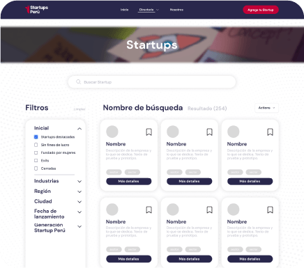 Directorio de startups con buscador y filtros