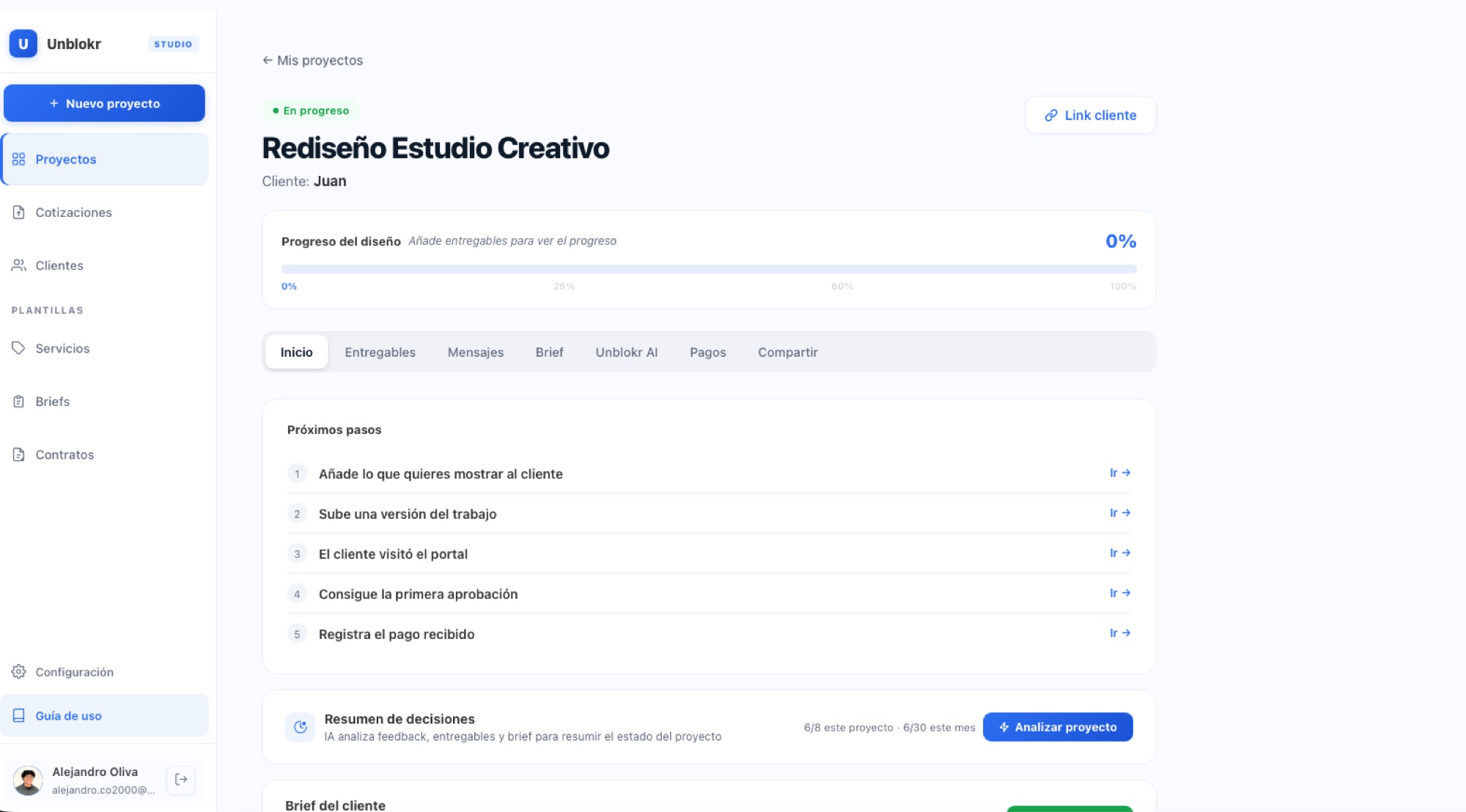 Vista de un proyecto, organizada por pestañas y con próximos pasos